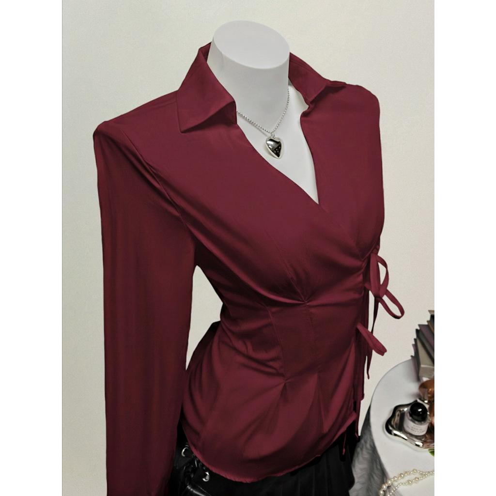 Women's Casual Top, Versatile, Elegant, Waist Cinching Design, Solid Color Women's Shirt