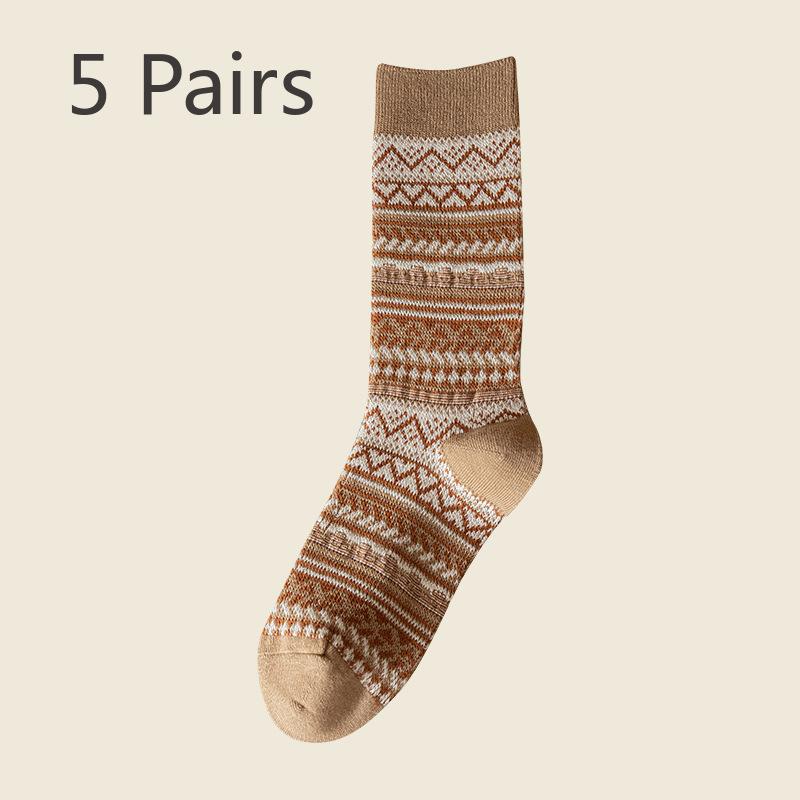 5 Pairs of Female Spring and Autumn Retro Folk Wind Tube Pile Socks