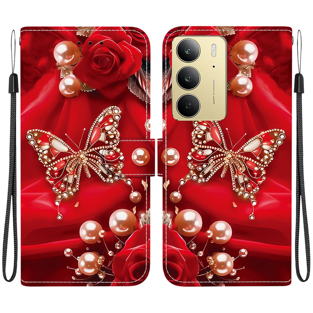 Ručně vyráběné PU kožené flipové pouzdro pro Realme C75 / Realme C75 4G Protiskluzový nárazuvzdorný kryt s poutkem na zápěstí a designy srdce/růže/kočka