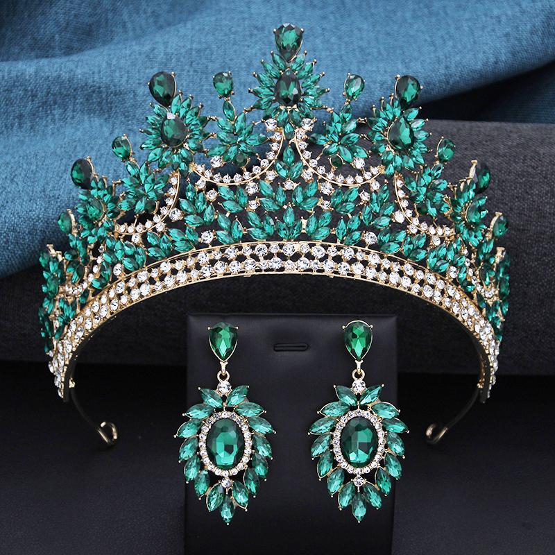 Baroque Rhinestone Bridal Large Crystal Crown and Earrings Set Wedding Headdress Party Accessories Pageant Queen Tiara Jewelry