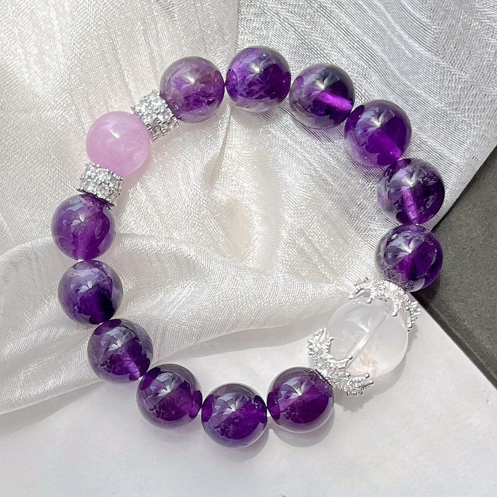 12Mm High Quality Royal Grape Purple Natural Amethyst Purple Lithium White Crystal Bracelet