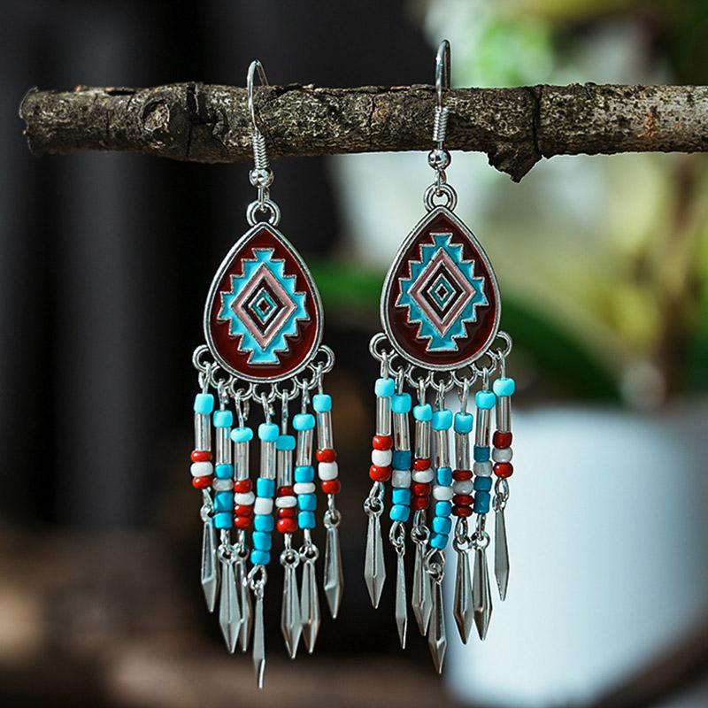 Vintage Ethnic Rice Bead Tassel Earrings for Women Small Simple Boho Drop Oil Silver Earrings Vacation Daily Jewelry