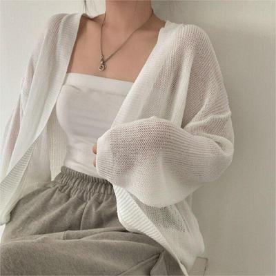 Korean Chic Solid - Color Lazy and Loose Thin Outerwear Versatile Summer Sunscreen Ice - Silk Knitted Cardigan for Women