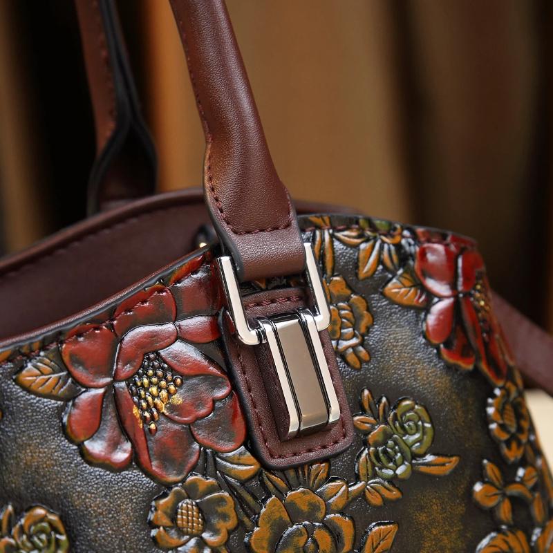 European and American Retro Flower Pattern Mature Women's Handbag Luxury PU Leather Tote Bag Commuter Bag