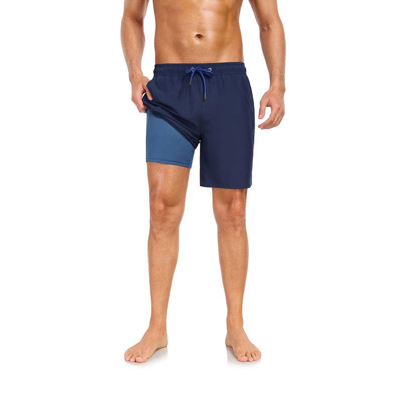 Men's Double-Layer Printed Beach Shorts Drawstring Swim Trunks