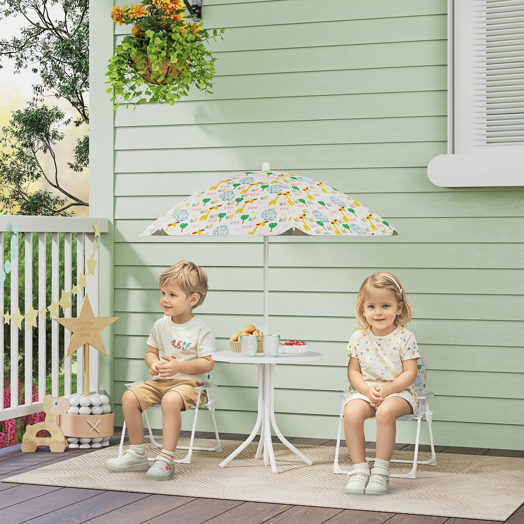 Children's 4-piece outdoor garden furniture set, elephant and giraffe design, adjustable parasol ? 100 cm, folding chair