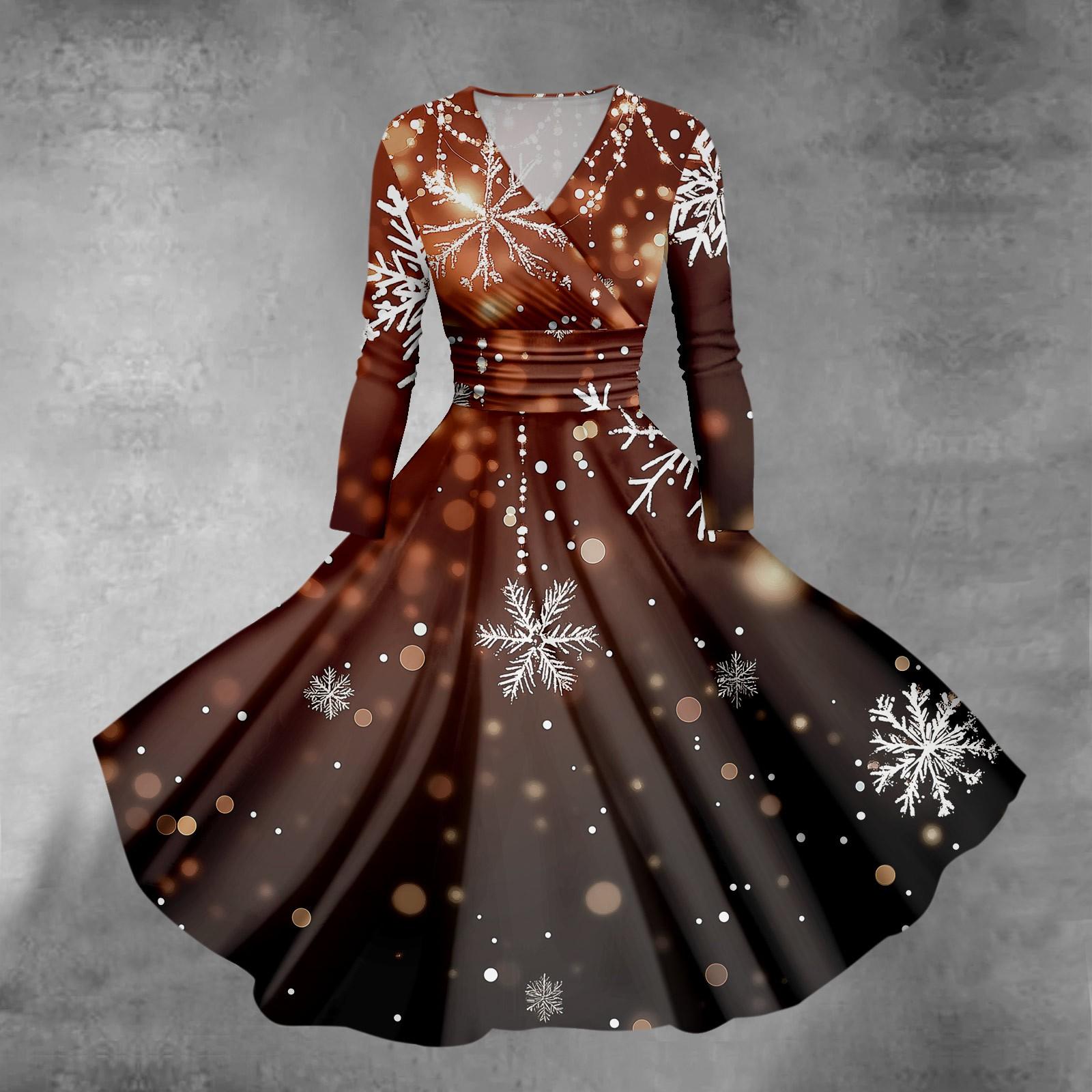 

Женское облегающее платье свободного кроя с принтом рождественской елки и снежинок, V-образным вырезом и длинными рукавами XL винный