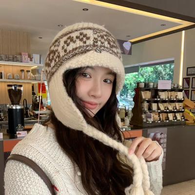 Korean Fair Island Knitted Lei Feng Hat for Women Versatile Straps Warm Temperament Retro Knitted Woolen Cap  Trendy