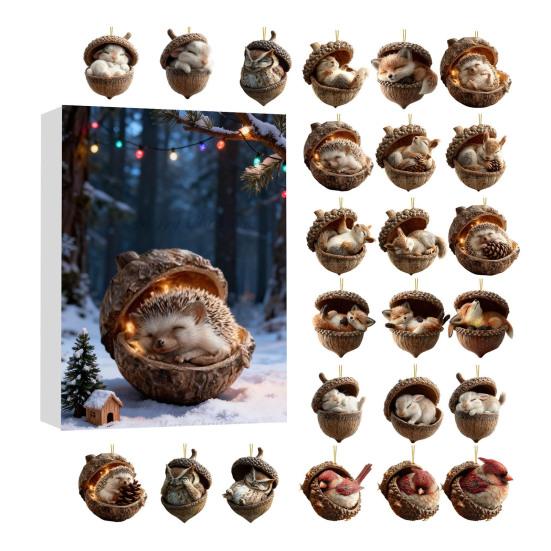2025 Ozdoby Żołędzi Zwierzęta Leśne Kalendarz Adwentowy 2D Akrylowy Przytulny Las Zestaw Ozdób Świątecznych Szyszka Zwierzę Odliczanie Dekoracja na Choinkę