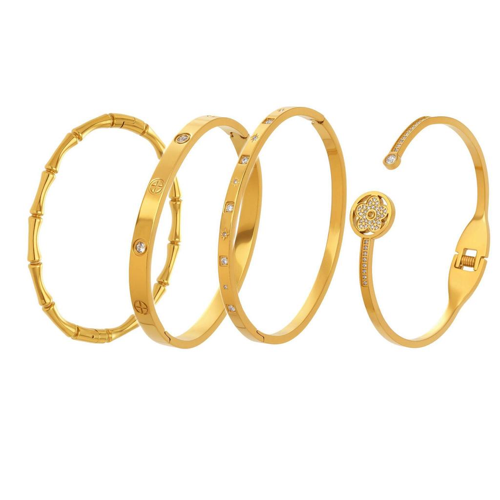 18k Gold-Plated Zircon Bamboo Bracelet Set: Geometric, European & American Style