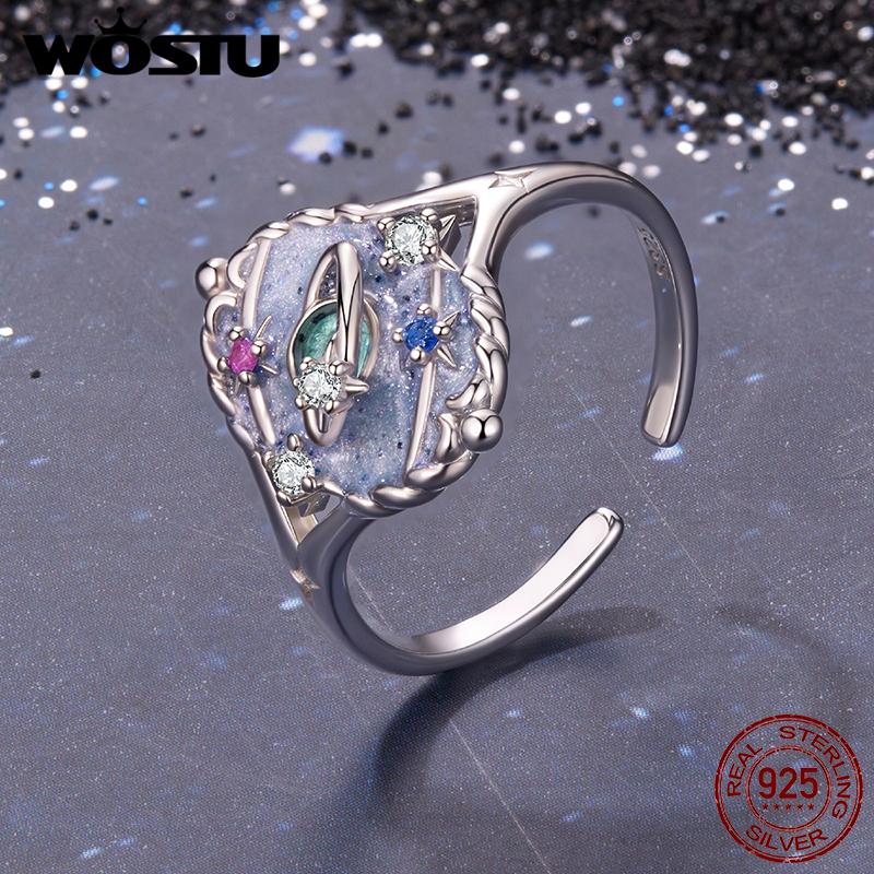 WOSTU 925 Sterling Silver Tarot Card 'The World' Ring For Women S925 Silver Adjustable Rings Mystical Jewelry Tarot Lovers Gift