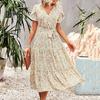 Women Summer Dress Flower Print A Line Loose Hem Patchwork Short Sleeves Irregular Short Sleeve Split Hem Lace Up High Waist Lady Midi Dress