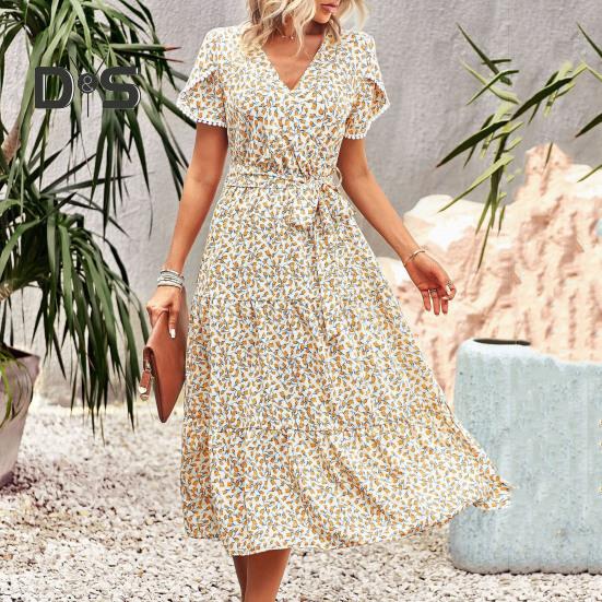 Women Summer Dress Flower Print A Line Loose Hem Patchwork Short Sleeves Irregular Short Sleeve Split Hem Lace Up High Waist Lady Midi Dress