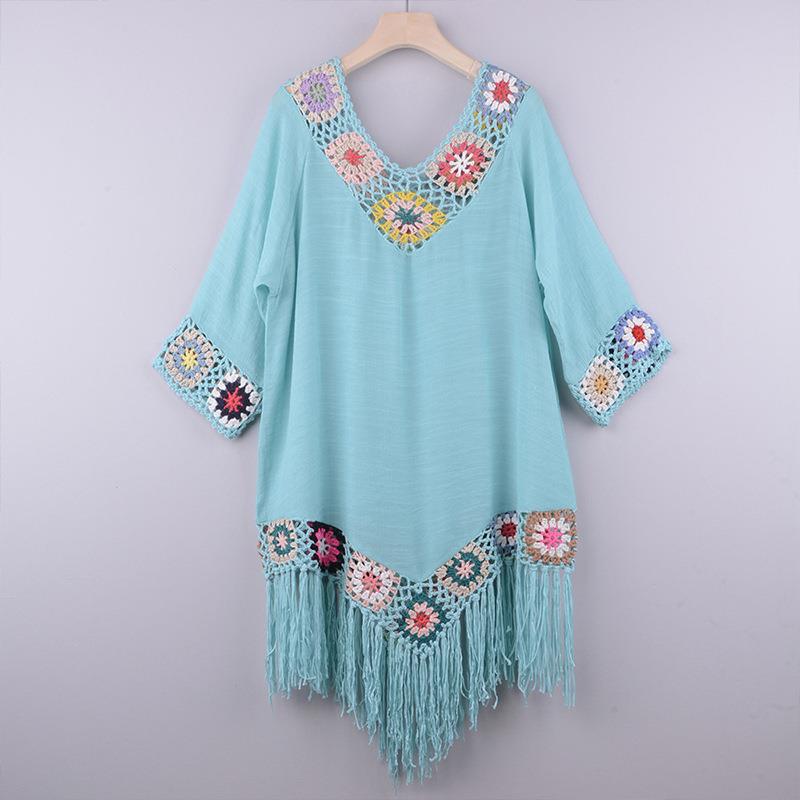 Off-the-shoulder Three-quarter Sleeve Hook Flower Stitching Irregular Tassel Beach Sun-proof Blouse Ethnic Style Dress
