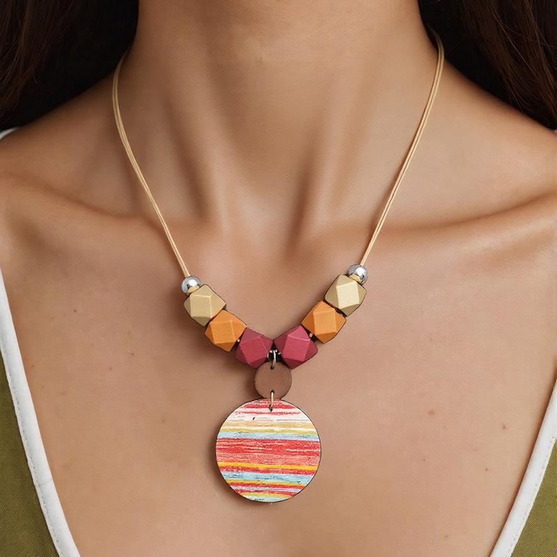 Ethnic Style Colorful Striped Necklace Round Leather Pendant Necklace Women's Fashionable Wooden Bead Necklace Bohemian Jewelry
