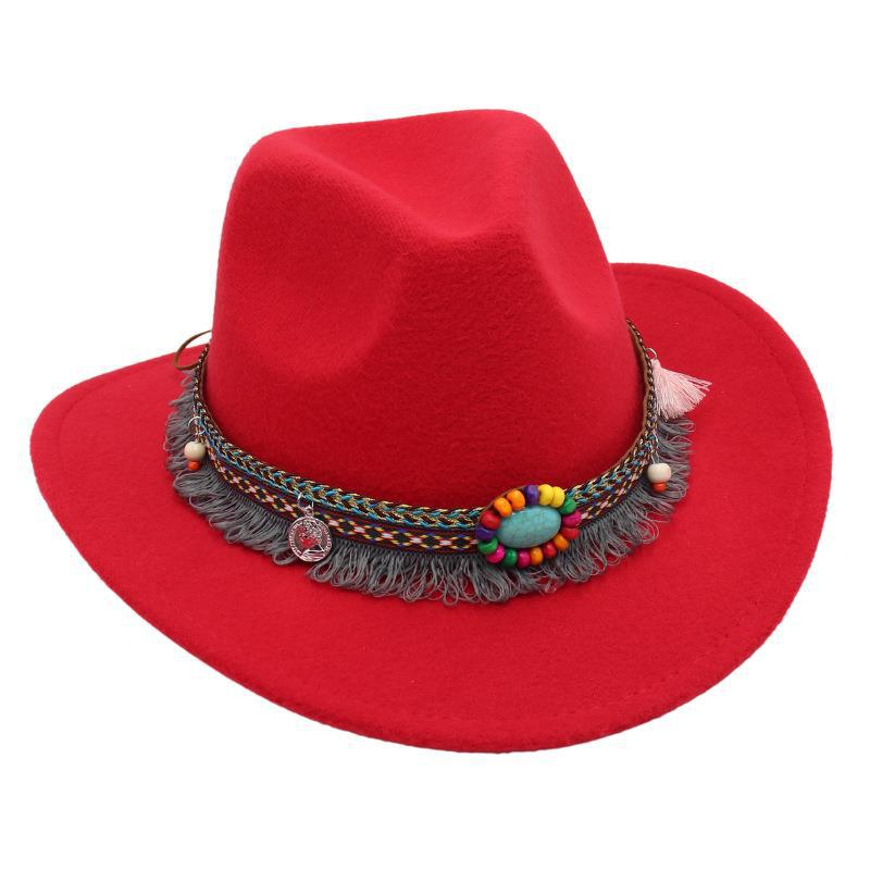 Ethnic Bowler Hat Tassel Western Cowboy Hat Jazz Hat Turquoise Felt Hat Outdoor Literary Sun Hat