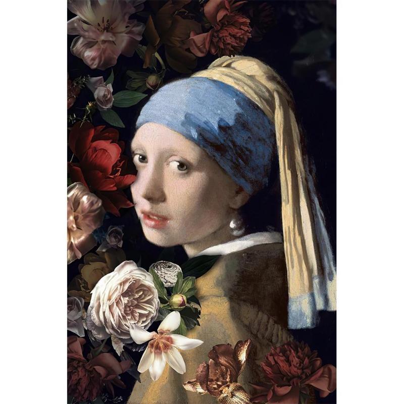 İnci küpeli ünlü kız, posterler, tuval, yağlı boya, komik köpek yavrusu, çiçekler, gitar, oturma odası için duvar sanatı, ev dekoru