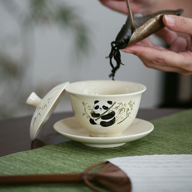 Chinese Style Panda Ceramic Cover Bowl Cup Kung Fu Tea Set Restaurant Home Brewing Tea Bowl Single High End Gift Giving Ceramic Tea Set