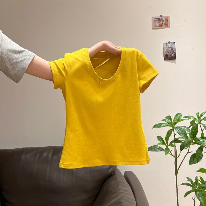 

Cotton back collar, yellow U-neck dopamine front shoulder short-sleeved T-shirt for women S