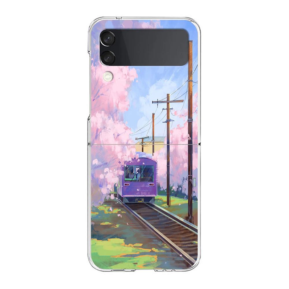 Cherry Blossoms Japanese Traint Moun For Samsung Galaxy Z Flip 3 4 5 Hard Folding Clear PC Phone Case For Samsung Z Flip3 Cover