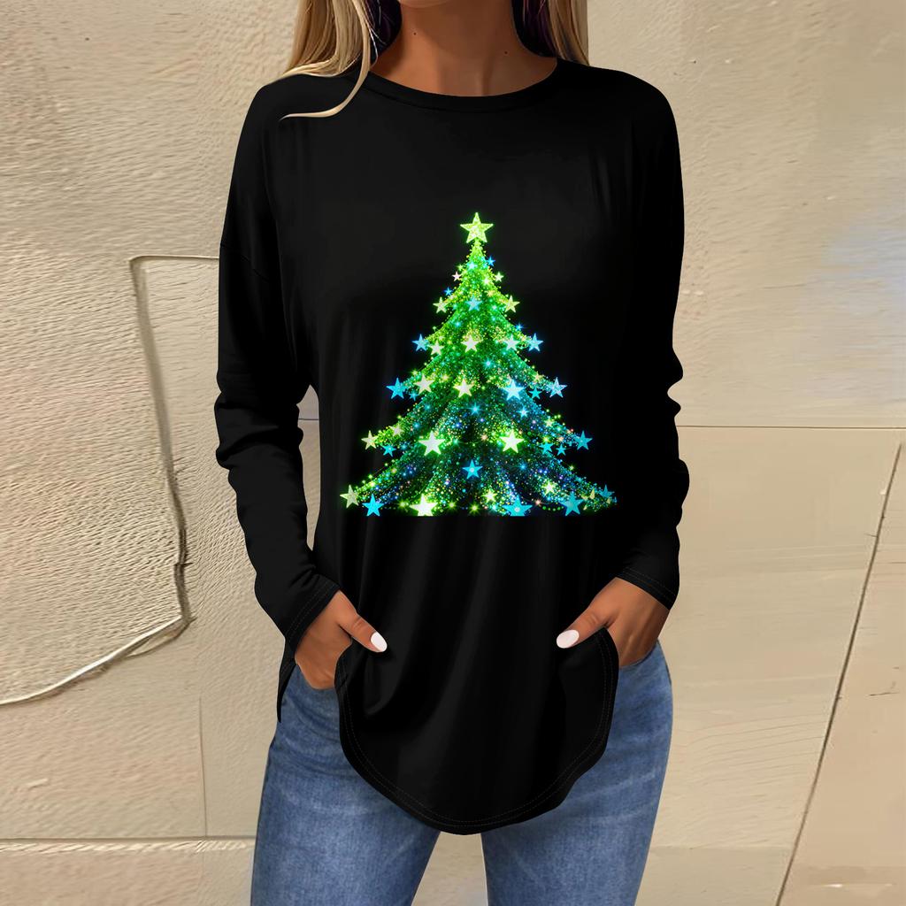 Dames Losse Comfortabele Casual Mode V-Hals Kerstprint Lange Mouw Hoodie