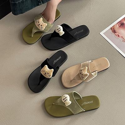 Adorables tongs chaton de dessin animé petit poisson dame été rétro décontractées antidérapantes respirantes polyvalentes sandales pour les pieds