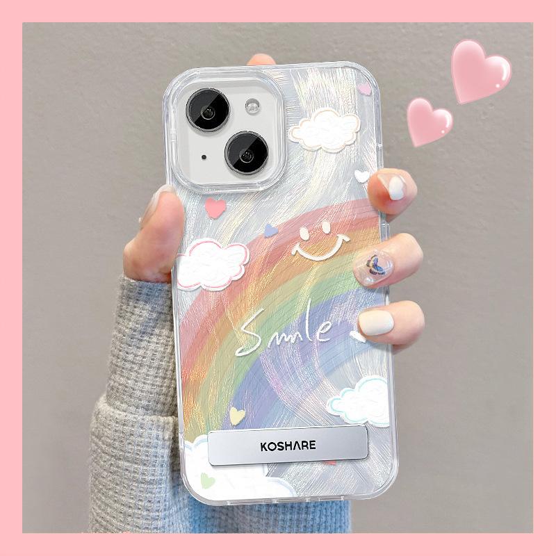 Suitable for Apple 15 Feather Yarn Mobile Phone Case Summer Iphone14pro Smiley Face Rainbow Invisible Bracket 13 Large Hole Soft Edge