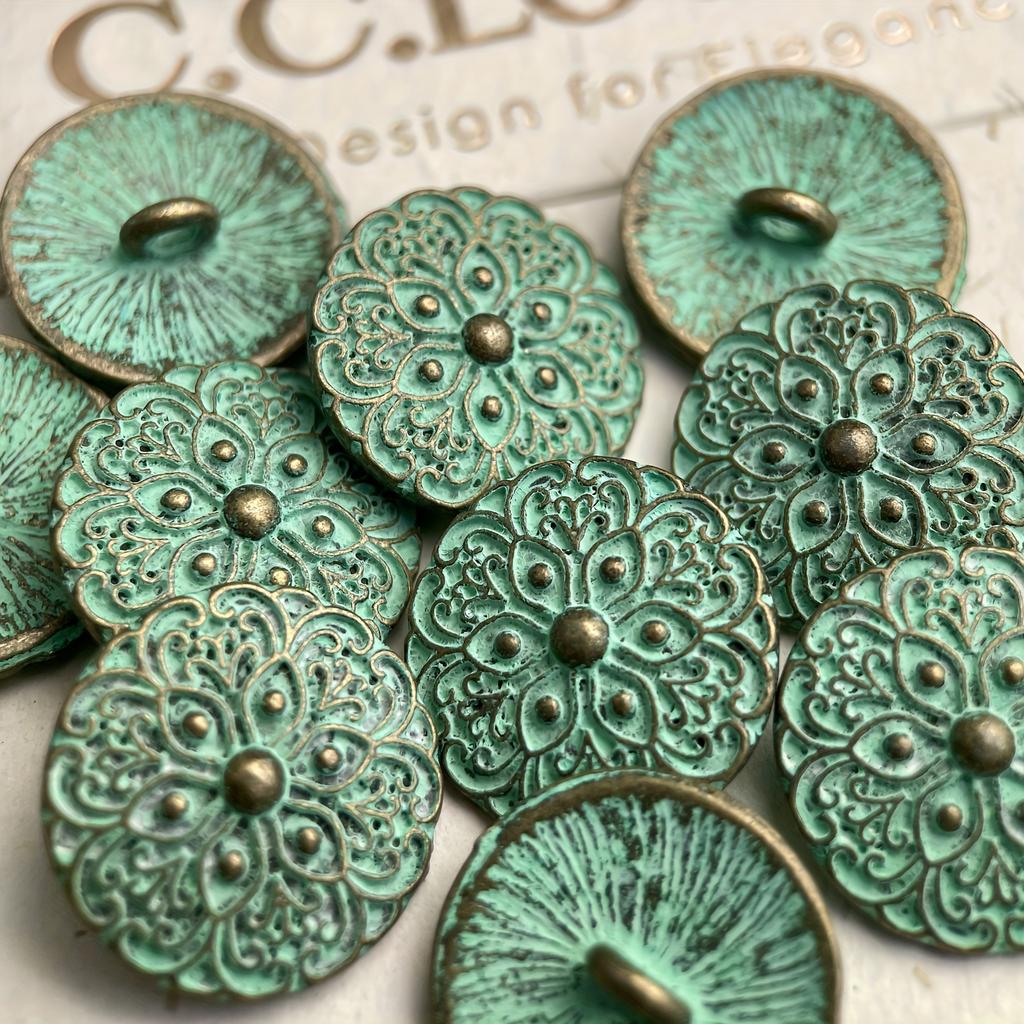 10pcs 17mm Vintage Metal Shank Buttons, Dragonfly Engraving with Green Patina, DIY Jewelry Accessories Flower Button Clothing Accessories