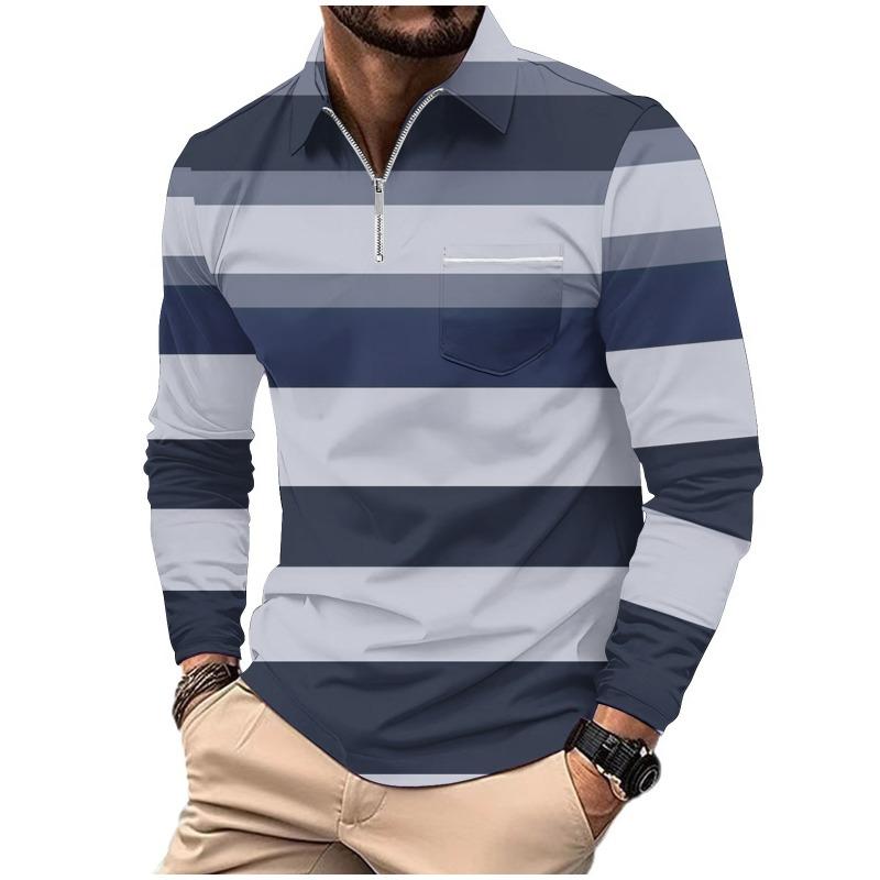 Men's Printed Polo Shirt with Zipper Pocket Sports Long Sleeved Polo Shirt