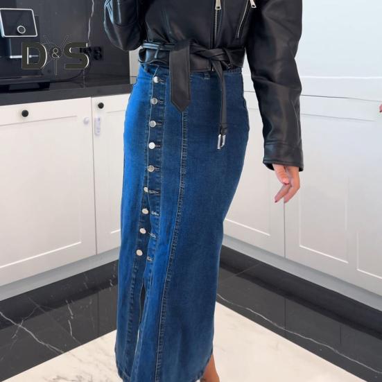 Women Denim Skirt High Waist Buttons Placket Solid Color Midi Skirt Irregular Slit Design Mid-calf Length Skirt