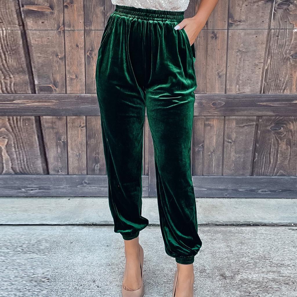 Damen-Hose aus goldenem Samt, gerade Hose, elastische Taille, Freizeithose