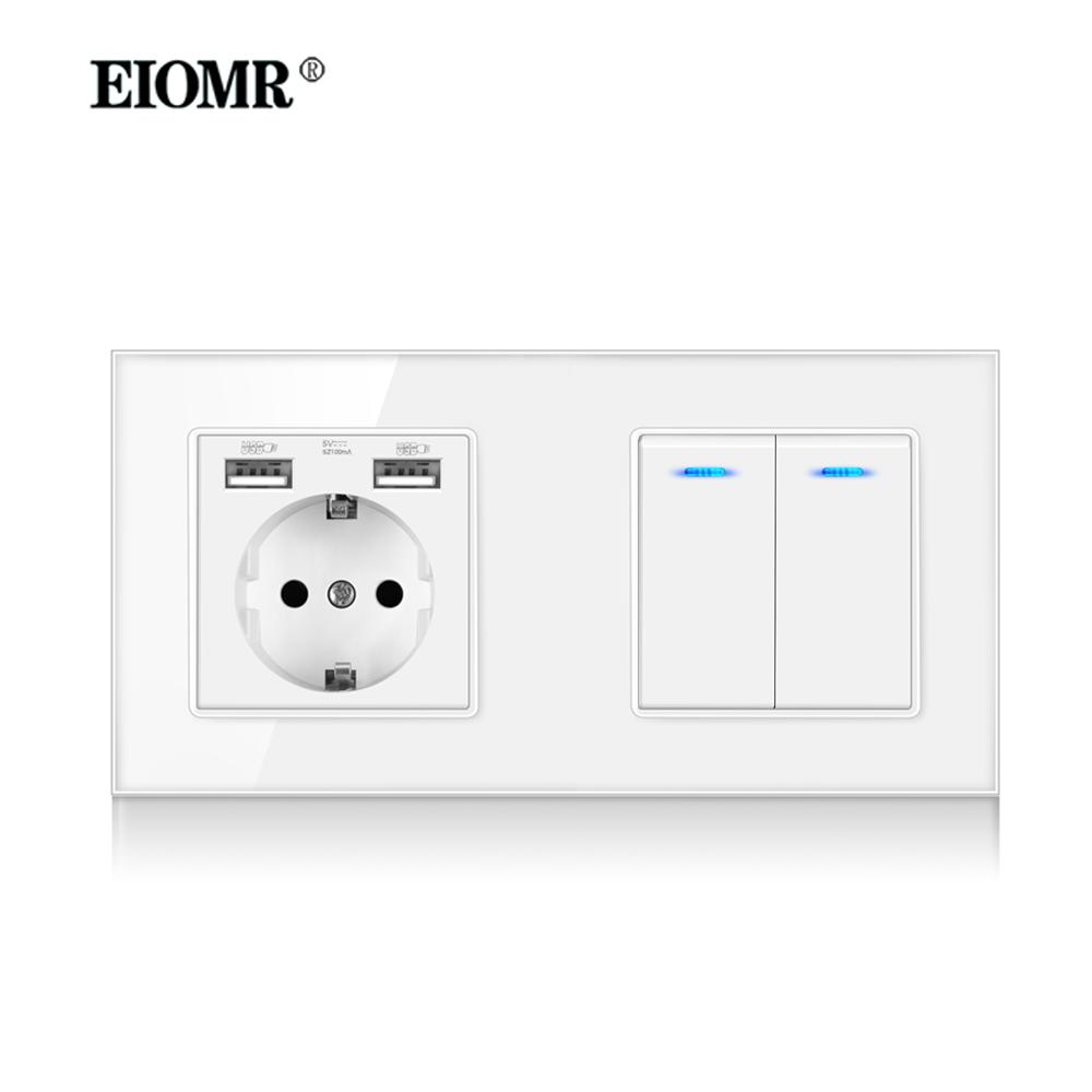 EIOMR EU Standard 16A Tempered Crystal Glass Panel Wall Socket Power Outlet Electrical Plug with Usb 5V 2100mA Ac110-250V White