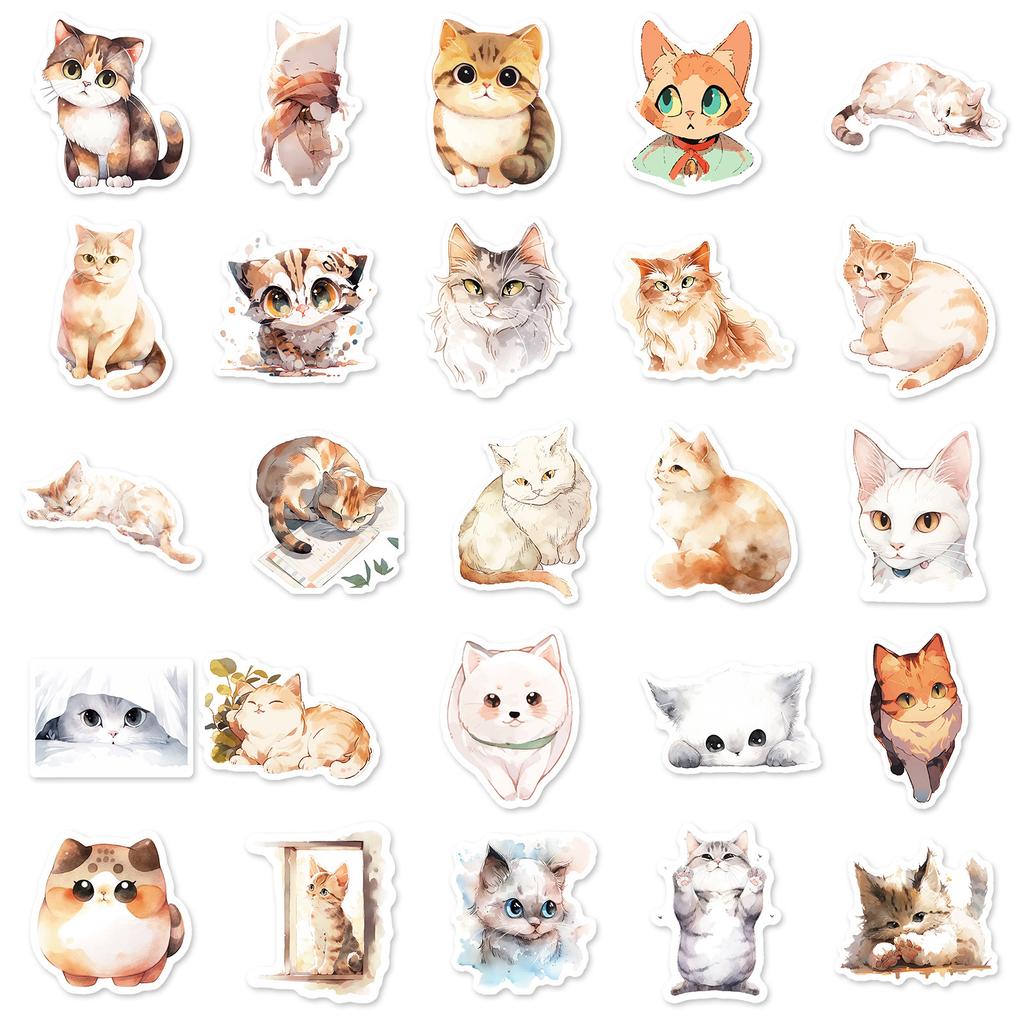 50 Watercolor Cat Stickers Cute Cartoon Cute Pet Cat Stickers Laptop Decoration