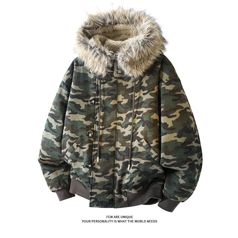 

2025 Американська Модна Камуфляжна Чоловіча Гірська Куртка з Капюшоном та Хутряним Коміром - Ретро Хай Стріт Потовщена Верхня Одежа XXXL зелений/камуфляжний