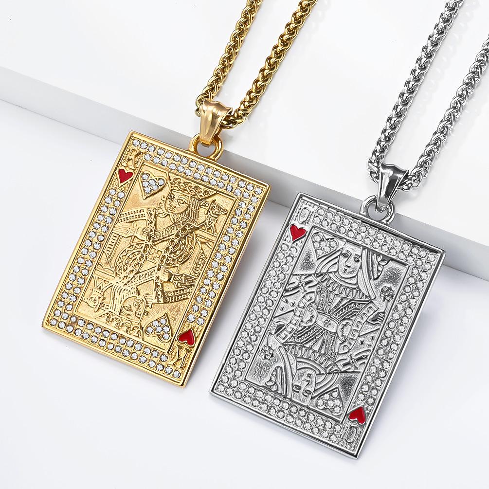 Popular Hip Hop Full Diamond Playing Cards Hearts K Pendant Titanium Steel Gold Plated Couple Necklace Niche Trend