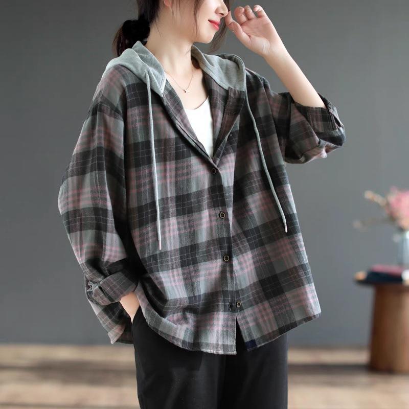 

Women s Hooded and Long Sleeve Shirt Plaid Print Patchwork Colored Shirt Tops Single-breasted Loose Fit Shirt Coat XS