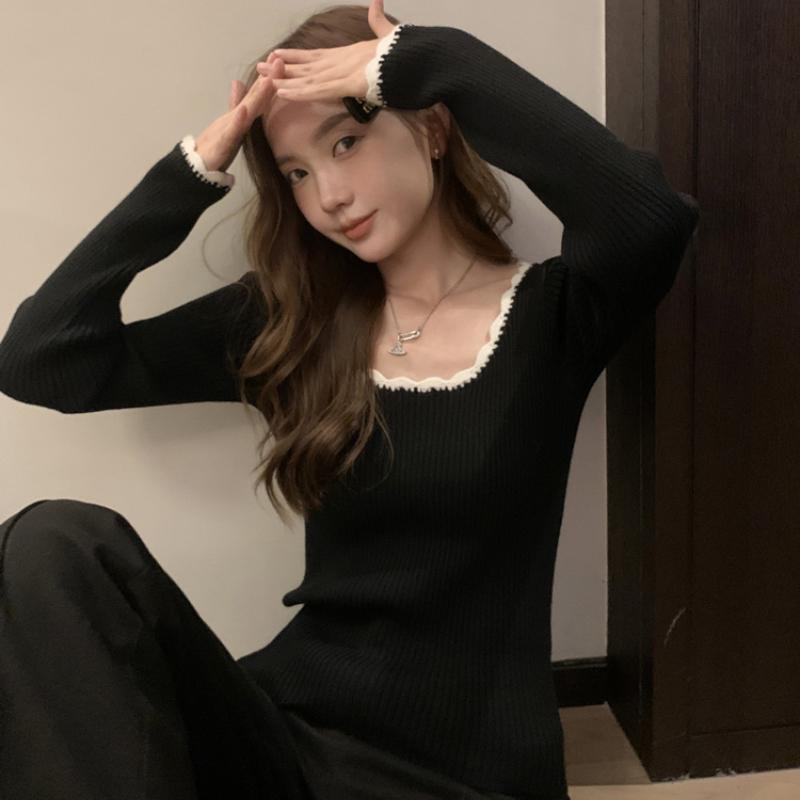 

Осенний круглый вырез ретро облегающий базовый пуловер свитера женские зимние длинные рукава вязаный свитер женский элегантный кружевной однотонный женский трикотаж топы 25818 One Size чёрный