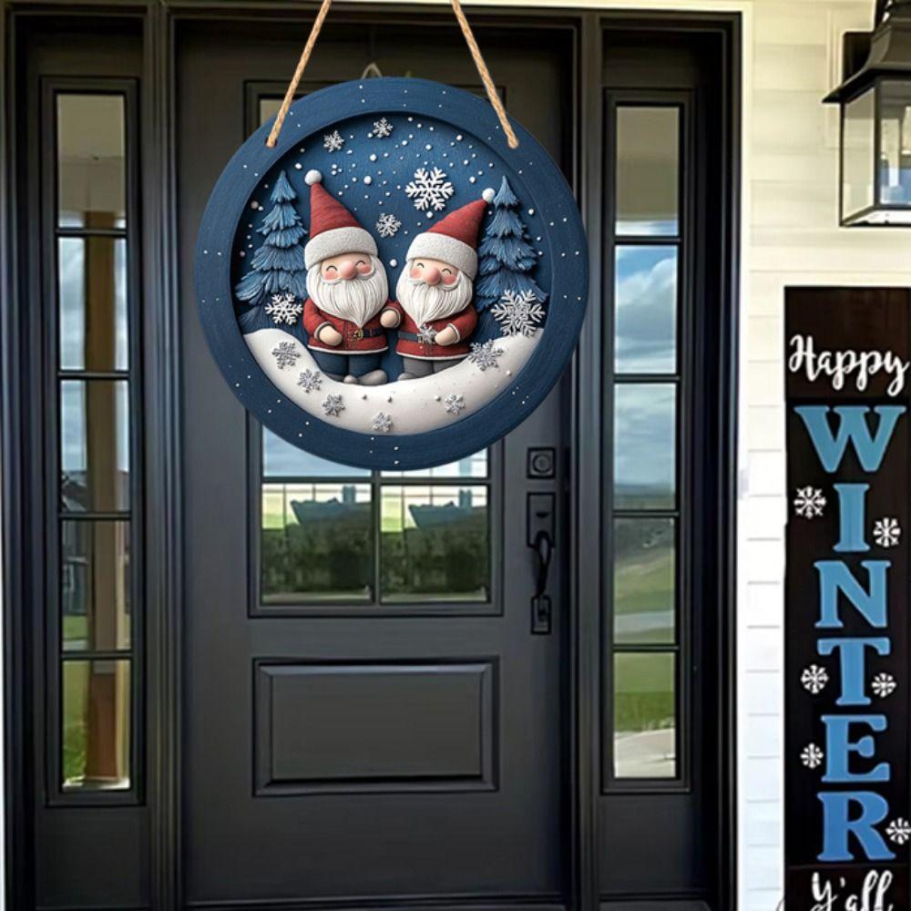 Wooden Santa Claus Porch Wreath Snow Scene Xmas Porch Decoration Hanging Home Fence Decor
