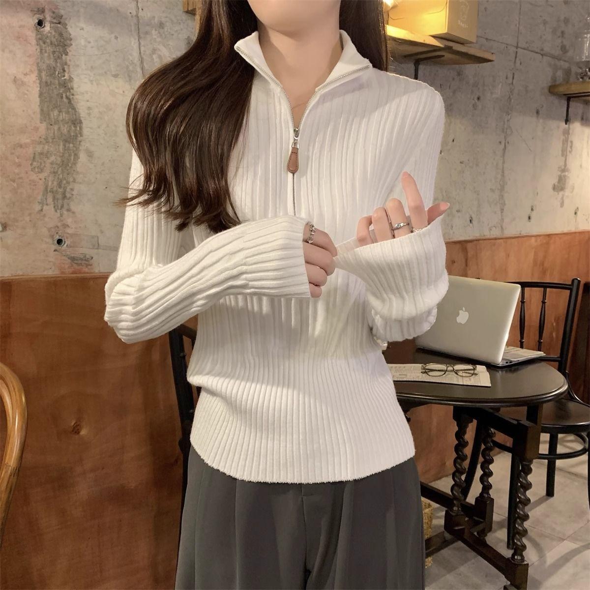 

Autumn Ladies Soft Knit Top Stand Collar Long Sleeve Comfortable Base Shirt M білий