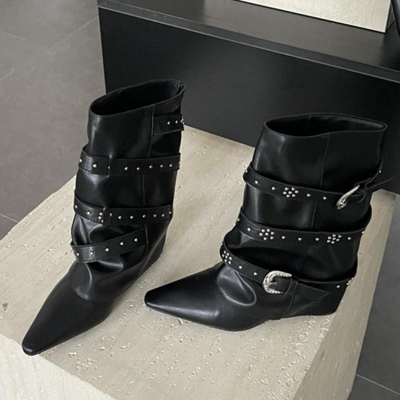 Fashion Autumn Vintage Thick Heel Women Western Cowgirl Boots Fashion Belt Buckle Ladies Elegant Slip On Mordern Mid Calf Booties