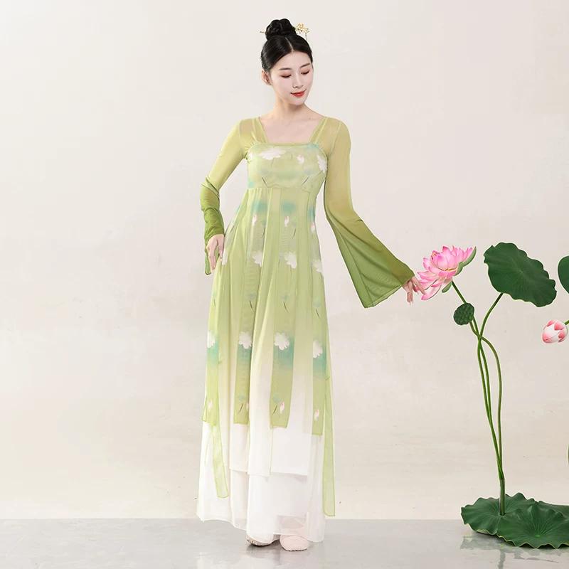 Verbessertes Hanfu Klassisches Tanzkostüm für Damen, Fließendes Chiffon Ruqun Set mit Lotusdruck, Tanzkleidung im Tang-Dynastie-Stil für Bühnenauftritte