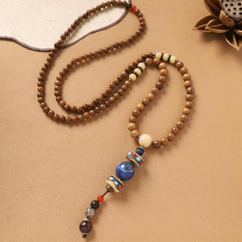 Nepalesiskt halsband retro litterärt träpärlat långt exotiskt tröjkedja damaccessoarer