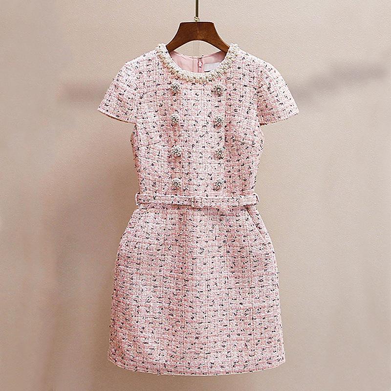 Tweed Trend Elegant Socialite Short Sleeve Beaded Dress Small (S) розовый