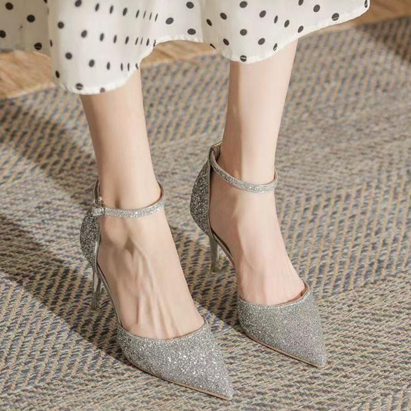 

Fashion French New Pointy Shallow Mouth Temperament Elegant Sequin Bow High Heels Women s Fine Heel Pearl Line with A Single Shoe 34 серебряный
