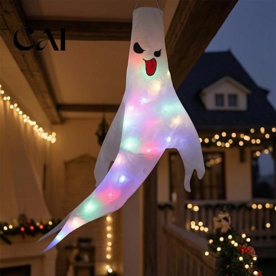 Theme Cafe Hanging Decorations 47 Inch Halloween Ghost Windsock with LED Lights, Luminous Flying Ghosts Flag Wind Socks for Tree Outdoor Yard