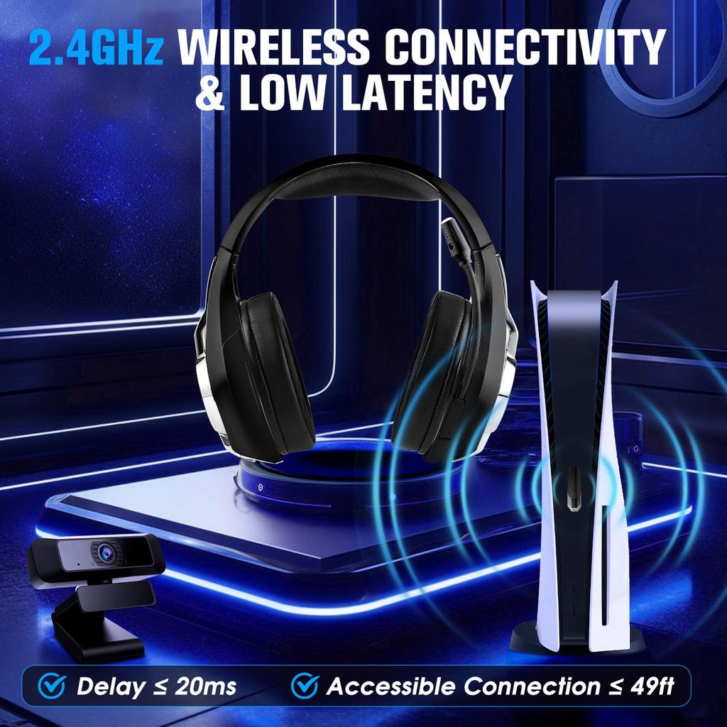 Wireless Gaming Hdset with 2.4GHz/ /Wired Modes, RGB Lighting Game Hdphones with Noise Canceling Mic, 7.1 Surround Sound, for PC, Game Console,