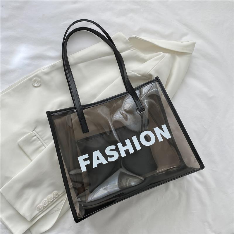 

Fashion Capacity Large Transparent Pvc Tote Bag With Splice Details For Daily BlackWhite