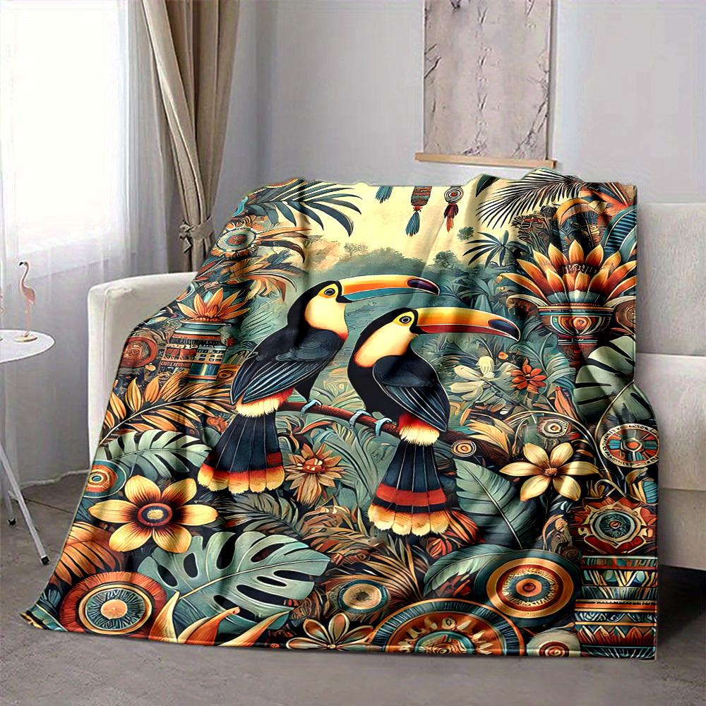 1pc Tropical Birds Blanket, Lightweight Flannel Throw Blanket For Sofa, Bed, Travel, Camping, Living Room, Office, Couch, Chair, And Bed