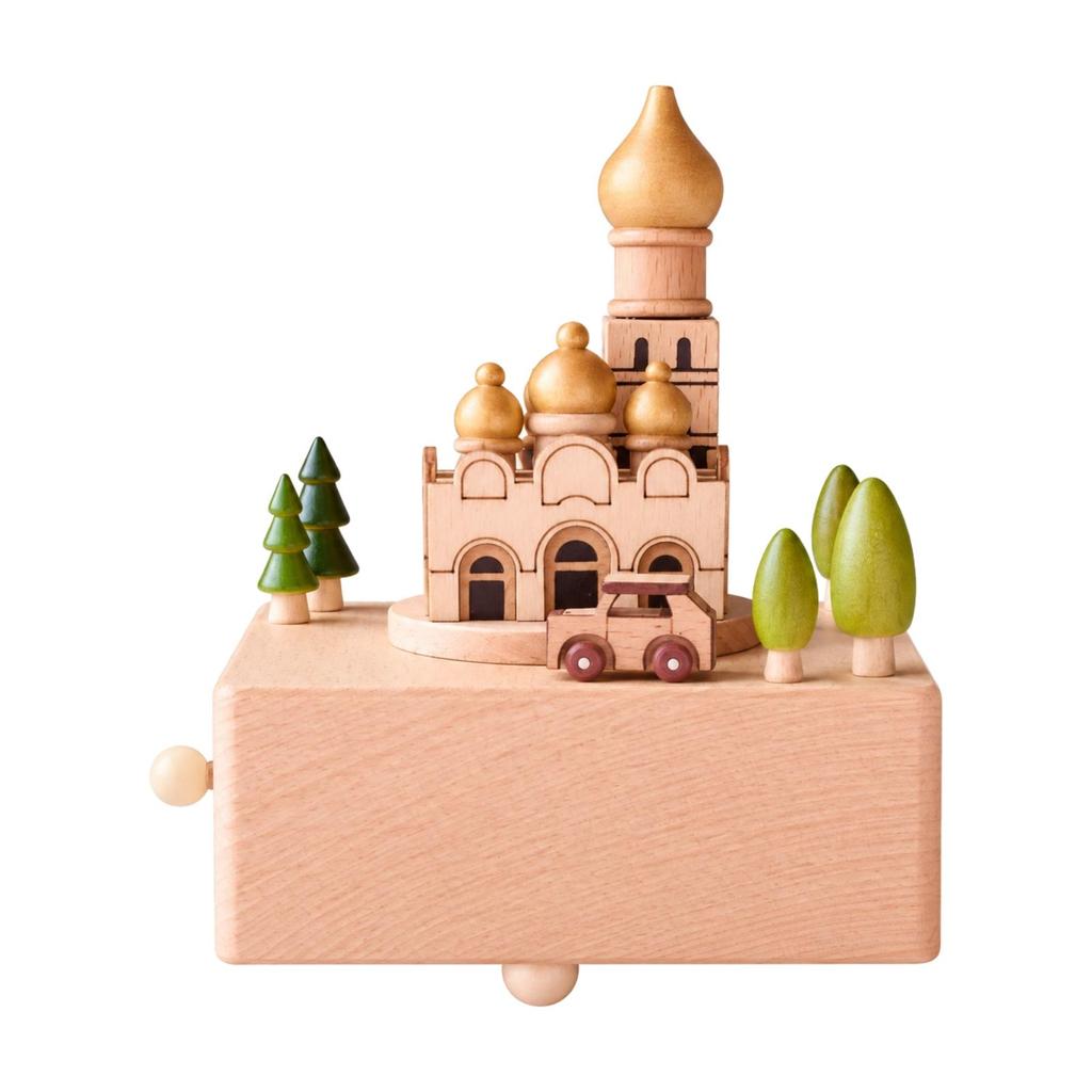 Beech Wood Mechanical Music Box Collectible Hand-Wind with Wooden Base