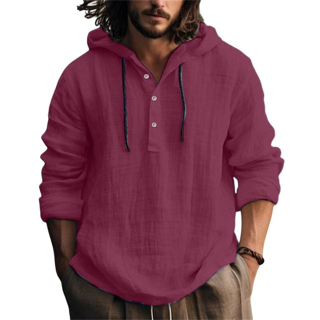 Men's Cotton Linen Hooded Sweatshirt - Casual Solid Color, Long Sleeve, Trendy Autumn Wear